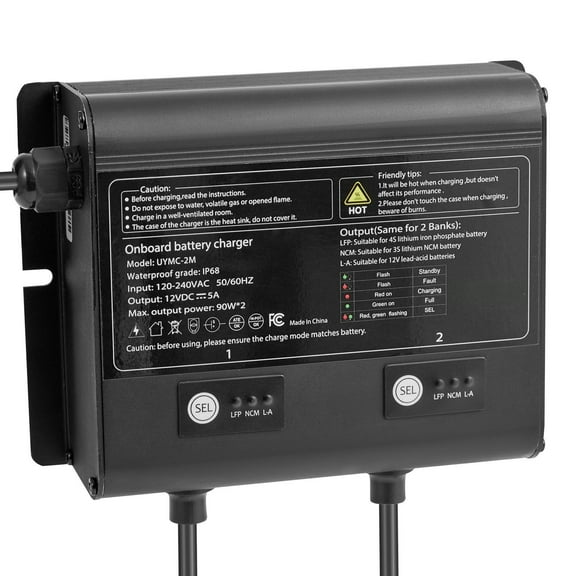 2-Bank 12V 5A Smart Marine Battery Charger - IP68 Waterproof Onboard Charger for Boat, RV & Yacht