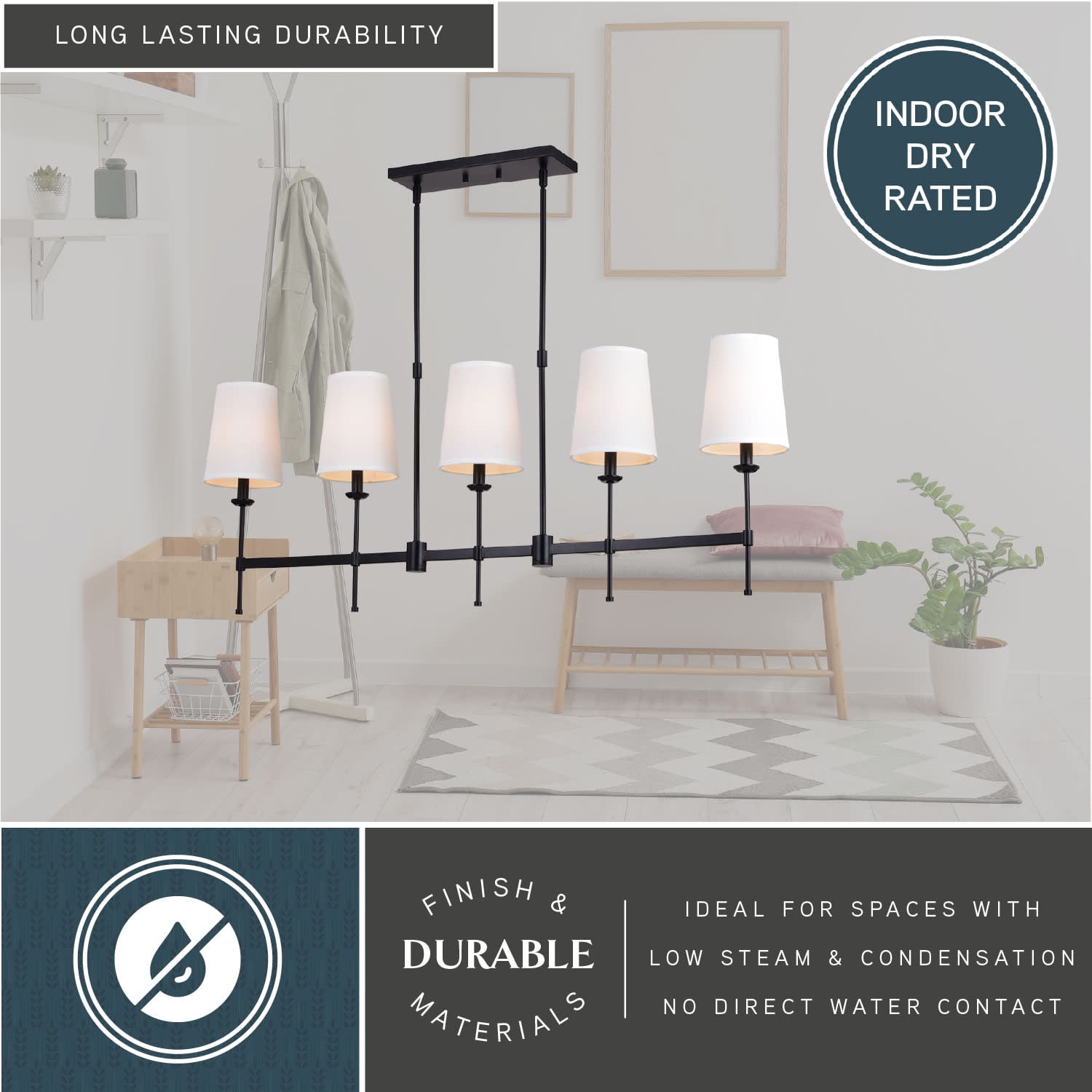 Camden 5 Light Matte Black Linear Chandelier Island Pendant Fixture White Fabric Shade, LED Compatible