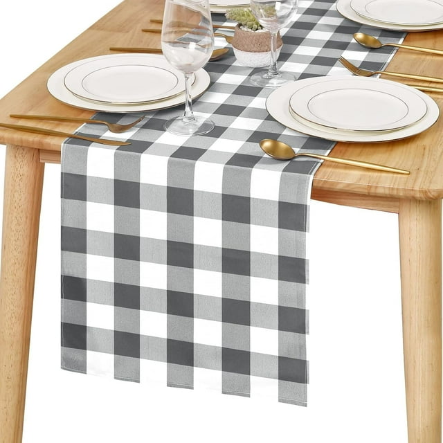 Chemin de Table à Carreaux Buffalo, Collection de Table Classique Style Ferme, Chemin de Table Imperméable pour Cuisine et Salle à Manger, Banquet, Restaurant, Utilisation Extérieure, 14l x 48L, Gris et Blanc, 1 Pce