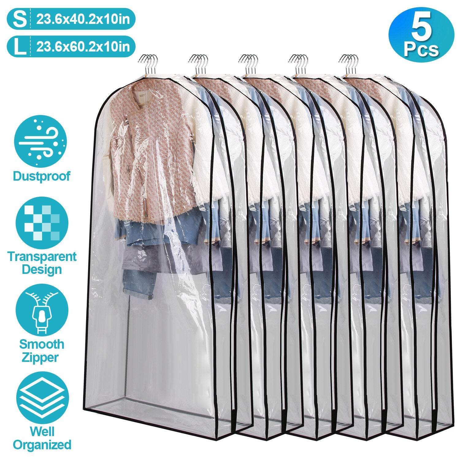 5 Pack 60In Garment Bag for Hanging Clothes