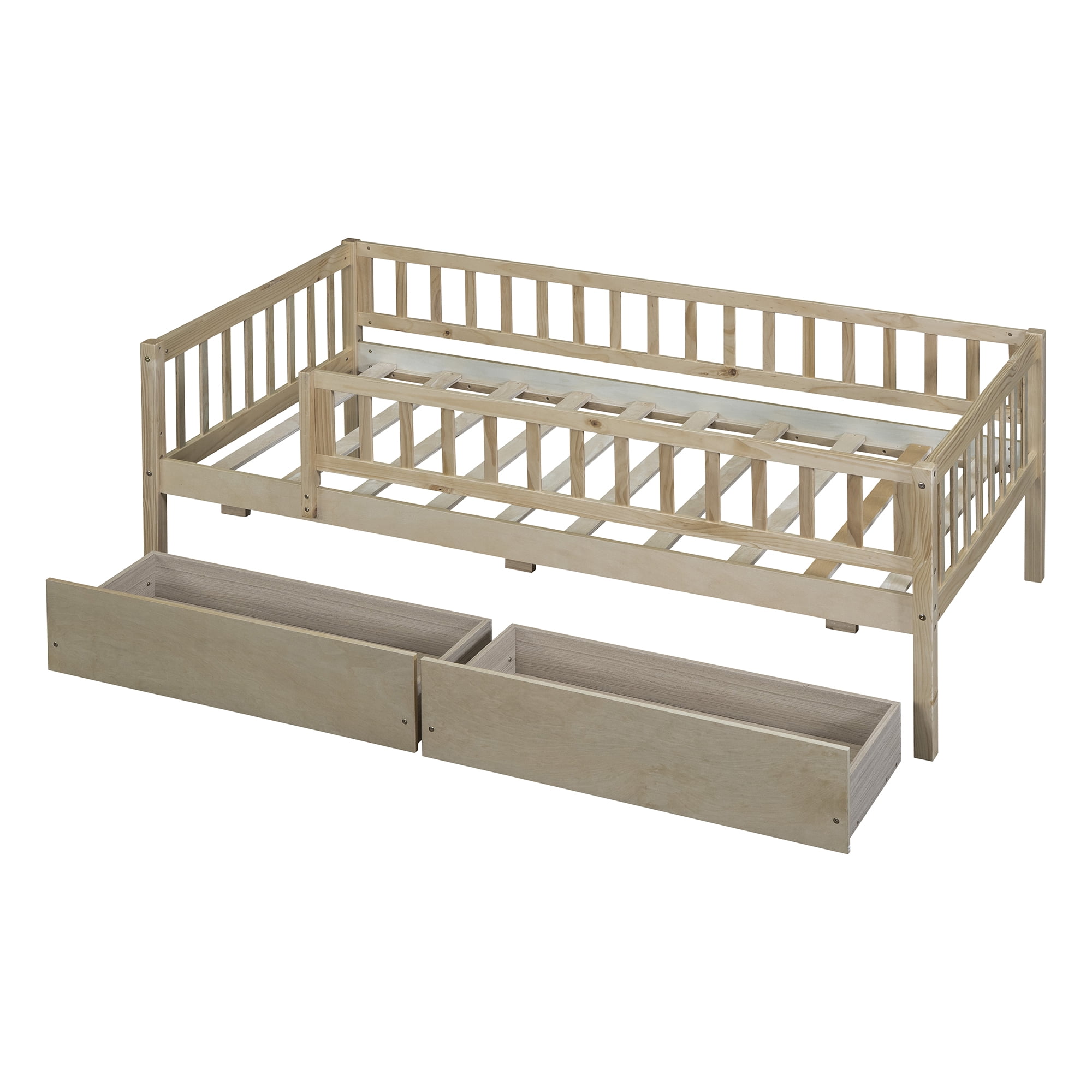 Bellemave Twin Daybed with Storage and Fence, Wooden Twin Size Platform Bed with Rails and 2 Drawers, Low Loft Bed Frame, No Box Spring Needed (Natural)