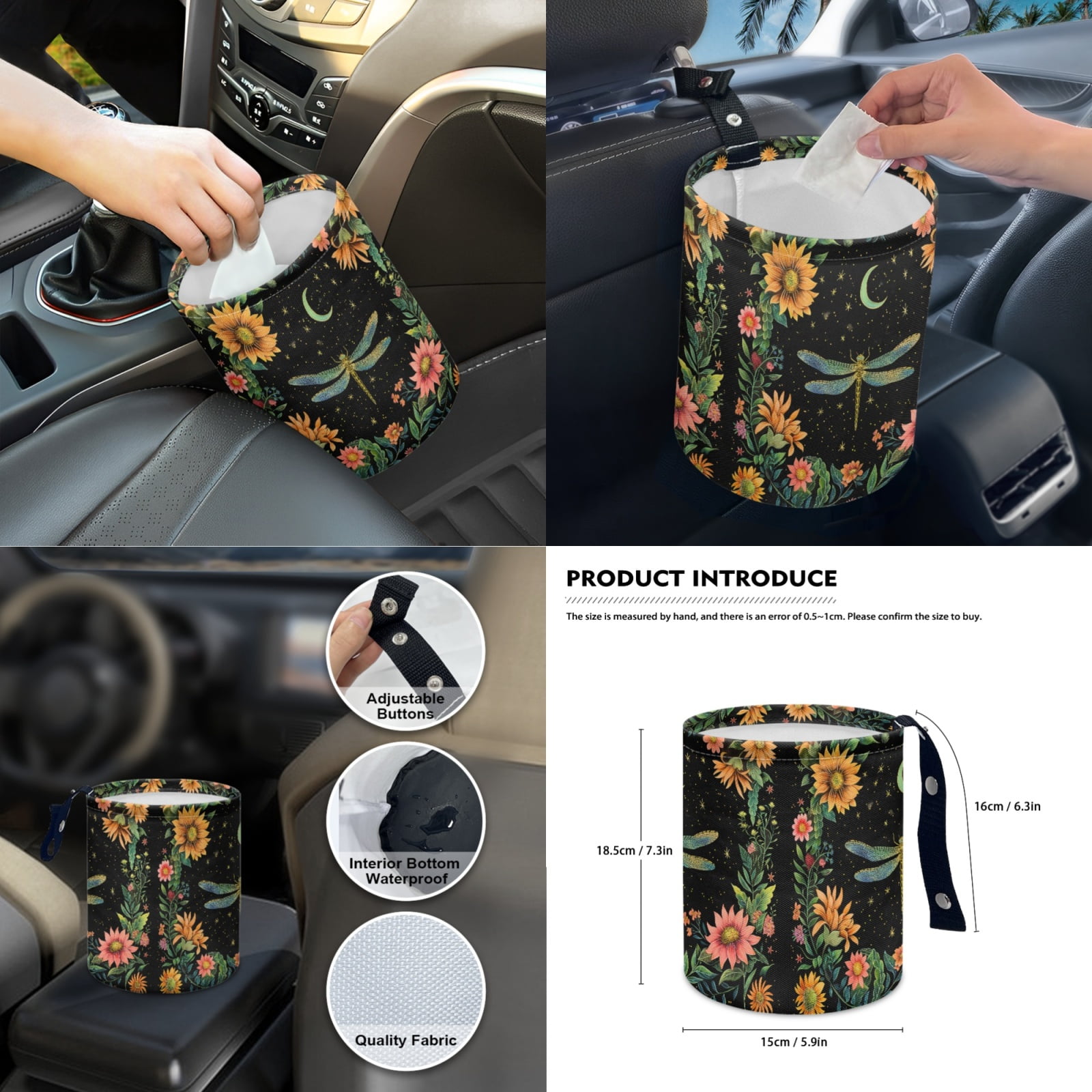 Jeiento Dragonfly Car Seat Cover Set 14 PCS with Steering Wheel Cover Seat Belt Pads Waste Basket Bin Flowers Rearview Mirror Cover Cup Holder Center Console Cover Handbrake Cover Gear Shift Cover