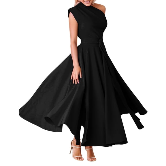 Afdoent Women's Dresses Elegant Asymmetrical Neckline Casual Dress For Sleeveless Flowy Swing Waistband Summer Dress Travel Outfits