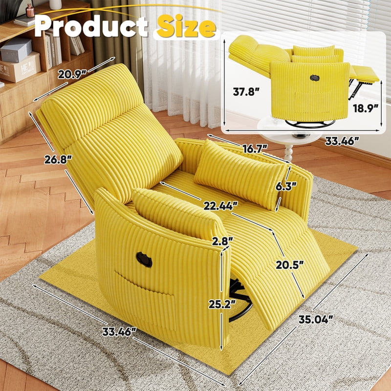 Homall 360° Power Swivel Recliner High Back Adult Rocker Recliner Chair with 2 Pillows for Nursing Expectant Mothers,Corduroy Yellow
