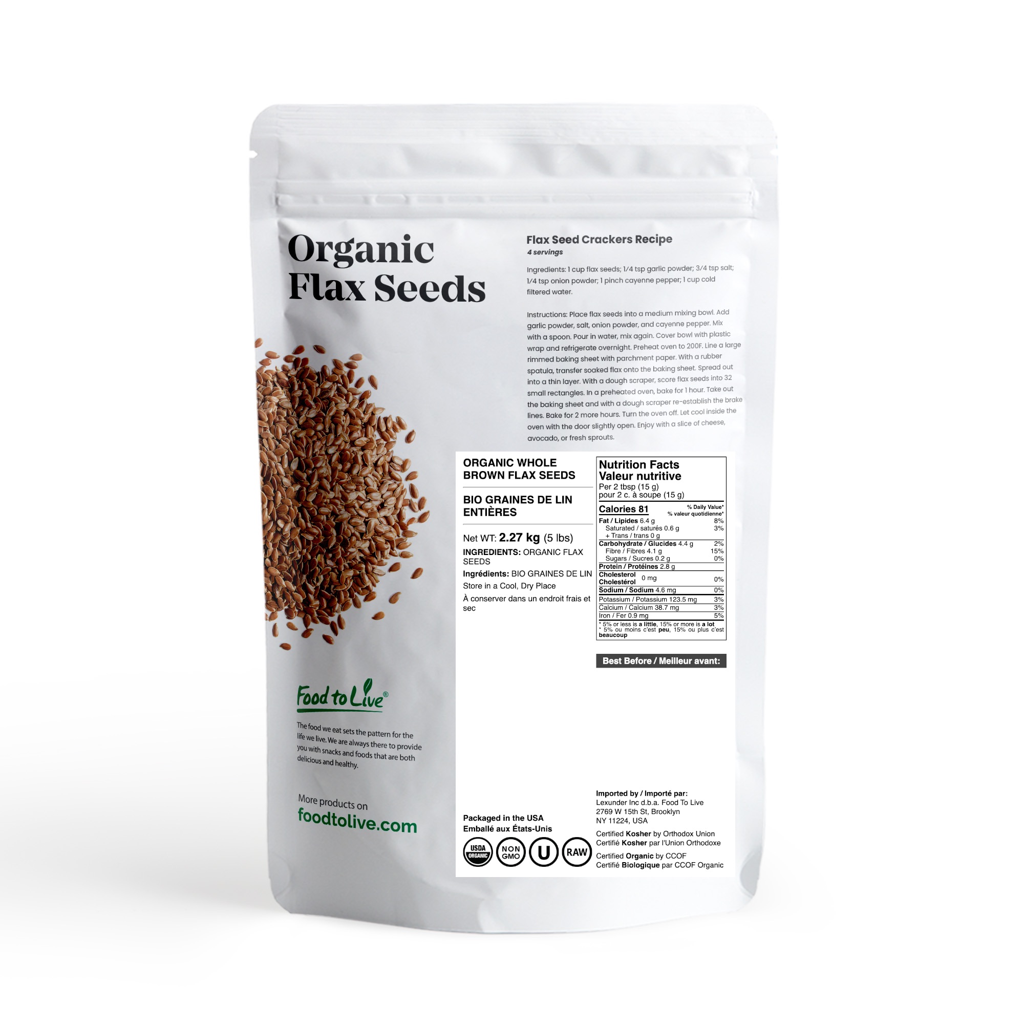 Organic Whole Brown Flax Seeds, 5 Pounds - Non-GMO, Kosher, Raw, Vegan - by Food to Live