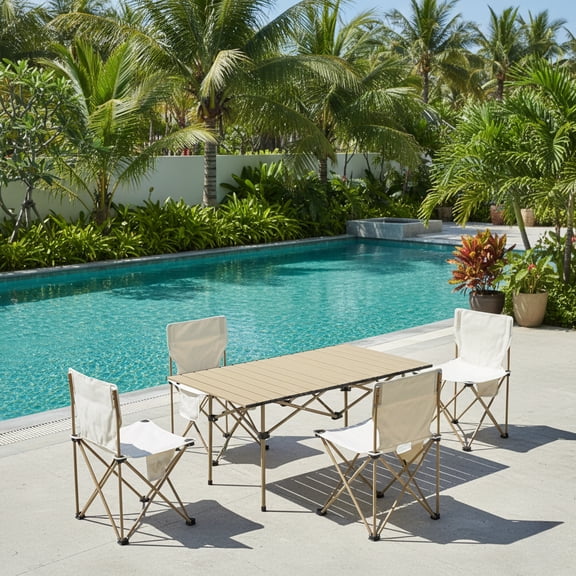 White 5-piece Portable Folding Camping Table – a small picnic table and multi-functional barbecue table. A bestseller in spring, this foldable outdoor table is ideal for campers and hikers,