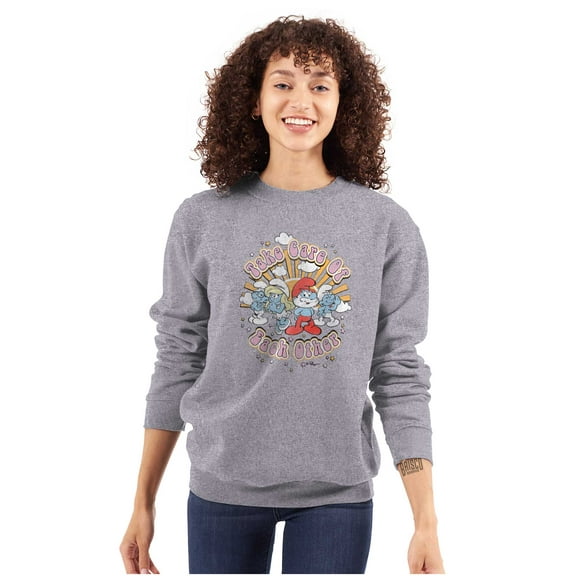 Smurfs Take Care Of Each Other Women Crewneck Sweatshirt Brisco Brands S
