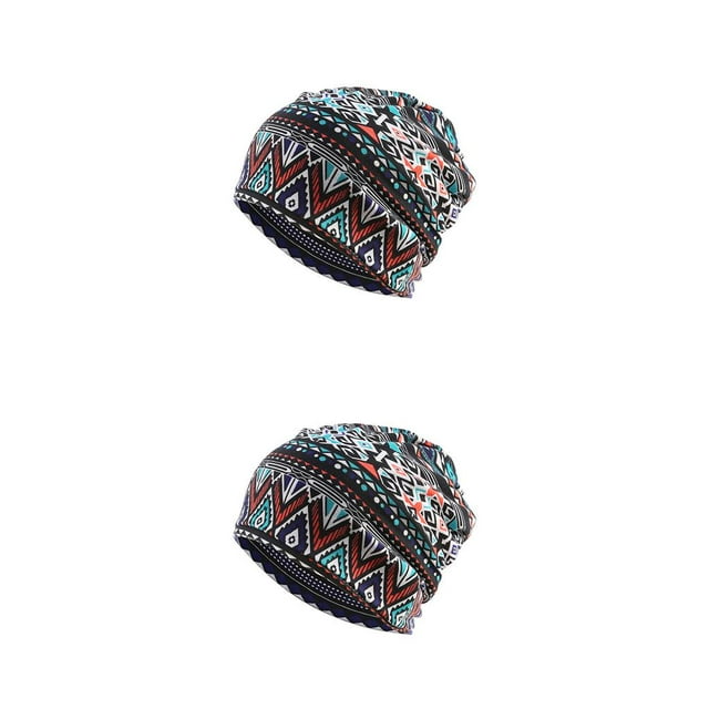 Maytalsory Bonnet Hijab Ethnique Imprimé Floral Turban Coloré Réglable Protection des Oreilles Accessoires de Style Bonnet Losange Bleu 2Set