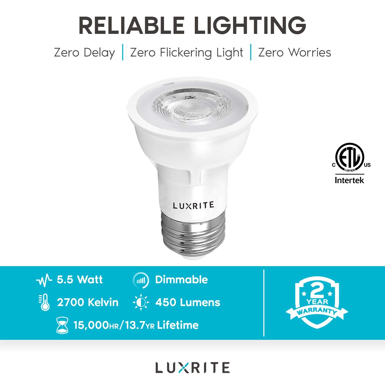 Luxrite PAR16 LED Dimmable Spot Light Bulb, 5.5W (50W Equivalent) 2700K Warm White, 450 Lumens, E26, 6 Pack