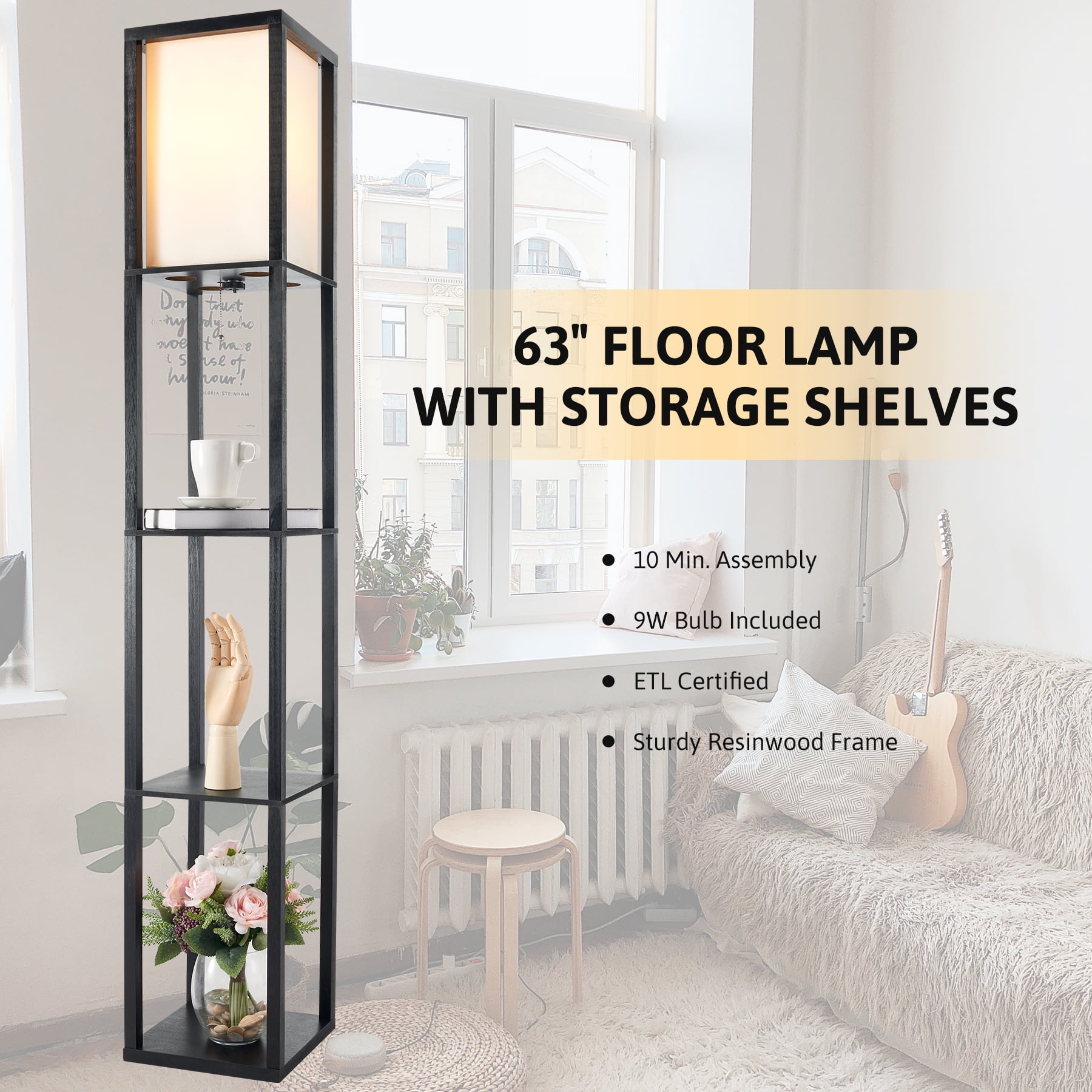 63" Floor Lamp with Shelves Reading Light for Living Room Bedroom More