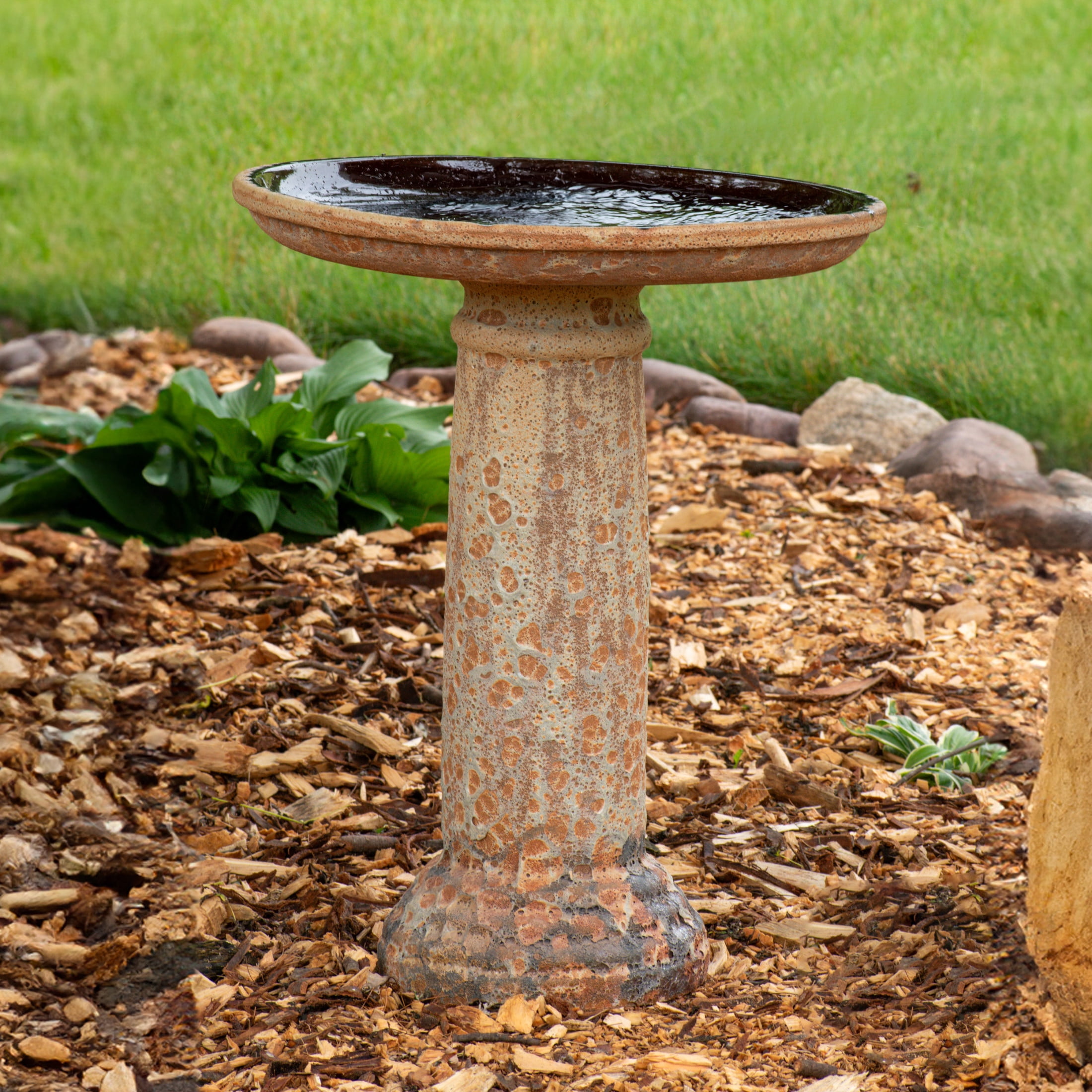 Sunnydaze Toulon Freestanding Ceramic Outdoor Bird Bath, UV-Resistant Brown Lava Finish