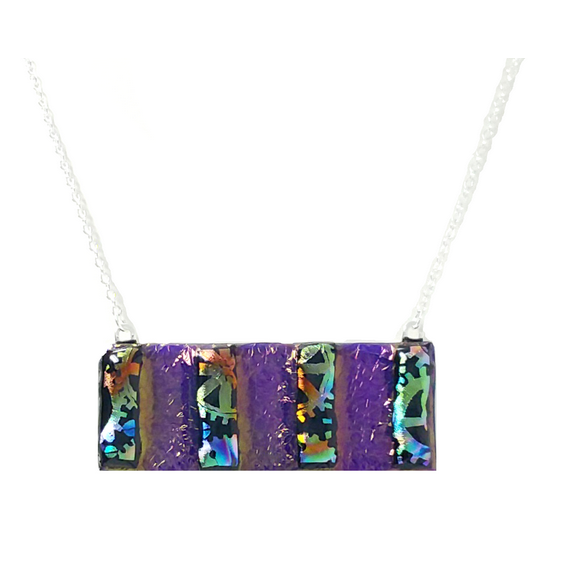Dichroic Gears on Iridescent Blue Fused Glass Bar Necklace