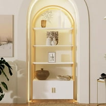 Jehiatek Gold Bookshelf, Arched Bookcase with Doors Storage, 71" Tall Industrial Book Shelf with Sturdy Metal Frame, E1 Quality Boards, Freestanding Display Shelving Unit, White and Gold