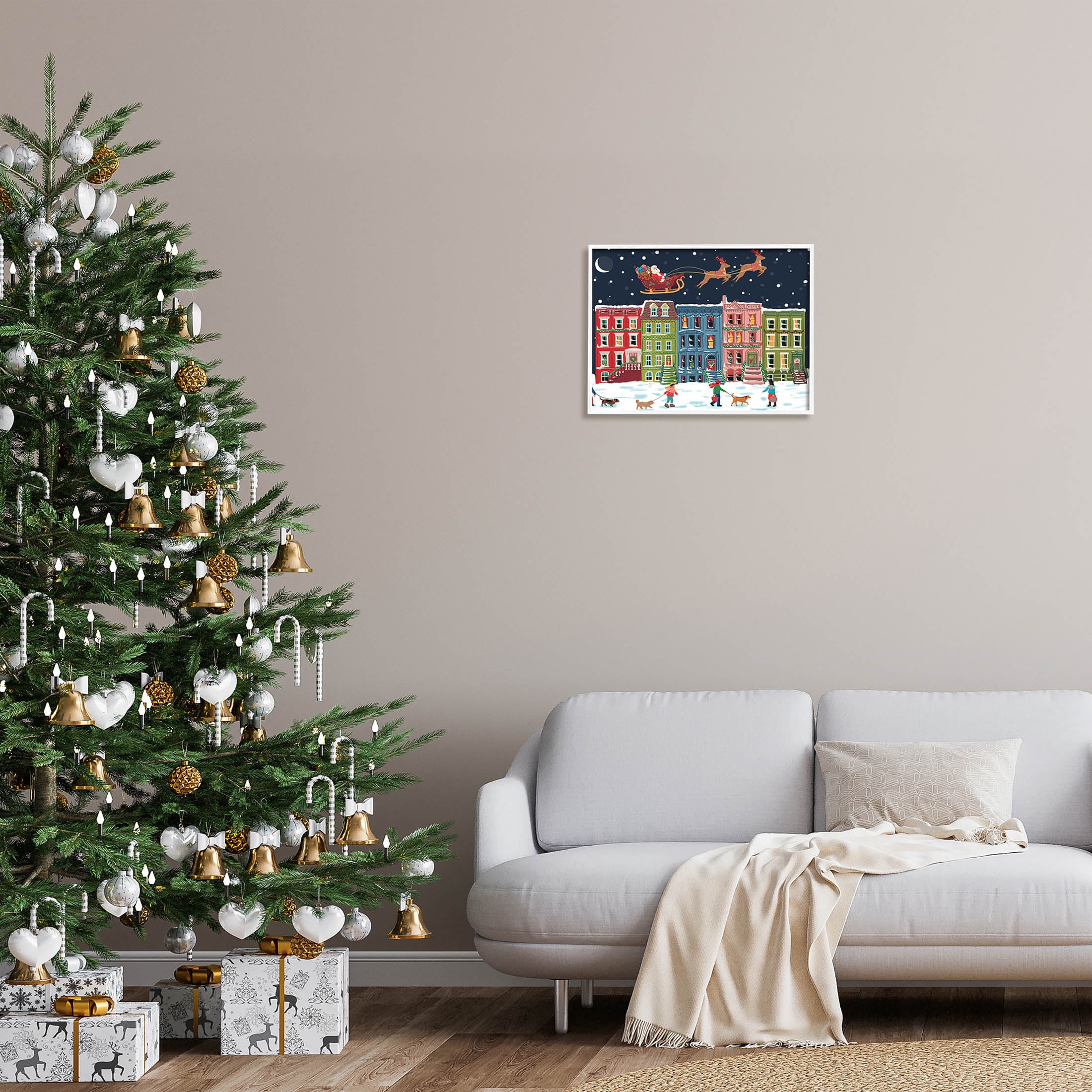 Snowy Christmas Town Santa Overhead Holiday Graphic Art White Framed Art Print Wall Art