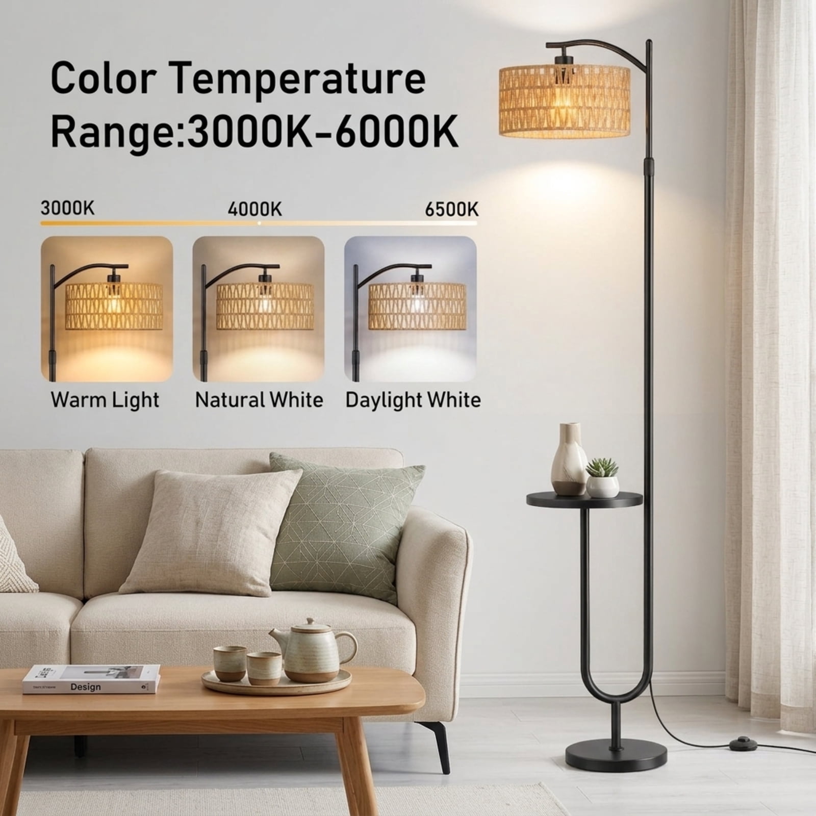 Fenbeli Modern Floor Lamp with Adjustable Head, Remote Control and Dimmable LED Bulb, Black for Living Room, Bedroom and Home Office