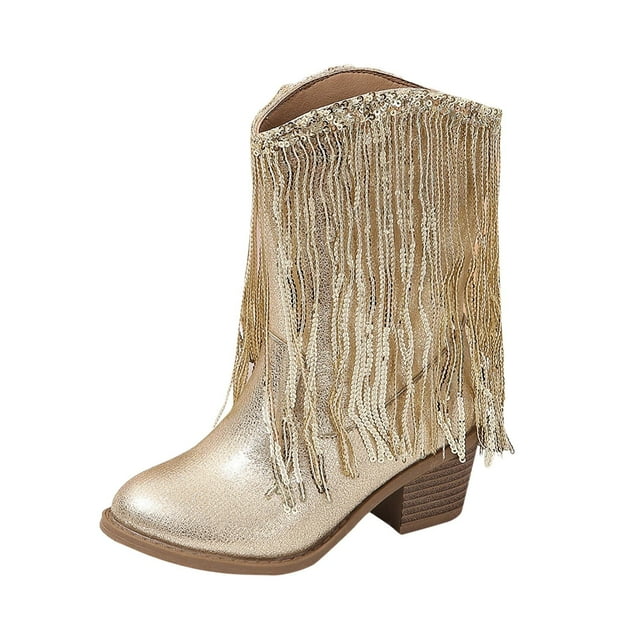 Bottes pour Filles en Cuir Mode Bottes de Cowboy pour Enfants Décontractées Automne Hiver avec Design à Franges