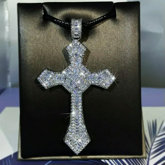 GKNET Hip Hop Cross Pendant Necklace Religious Delicate Jewelry Bling Platinum Plating Men Gift-Silver color