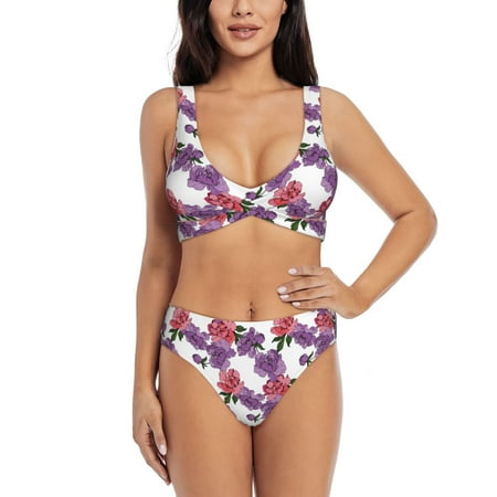 Zeuib Peonies High Waisted Tummy Control Bikini Set - Knot Front Push Up Top & Cheeky Thong Bottom  Two-Piece Swimsuit for Women-X-Large