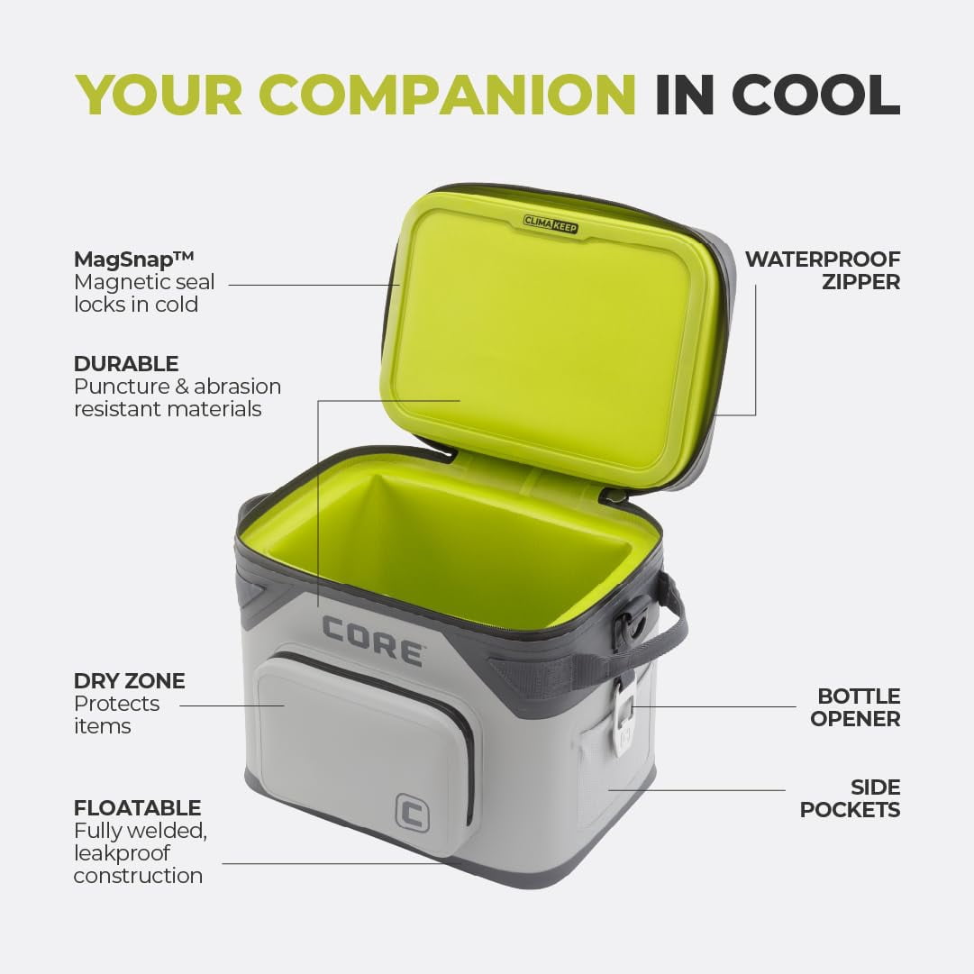 CORE 18 Can Climakeep Magnetic Soft Cooler, Leakproof Cooler, Waterproof Zipper, Shadow Gray
