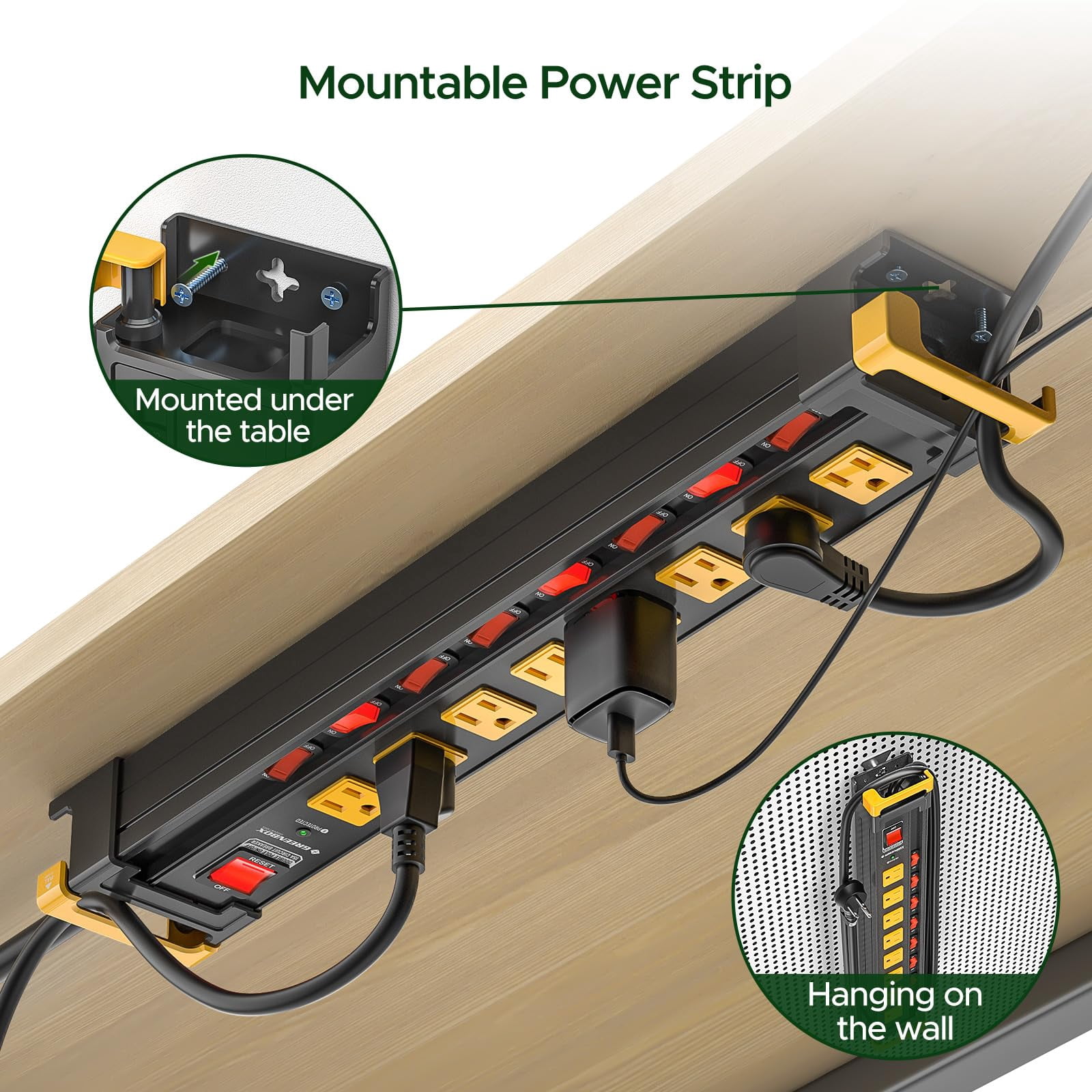 8 Outlet Heavy Duty Power Strip with Individual Switches, 3300J Metal Surge Protector Power Strip with Flat Plug, 15A Circuit Breaker, Wide Spaced, Cord Management, 6Ft Cord