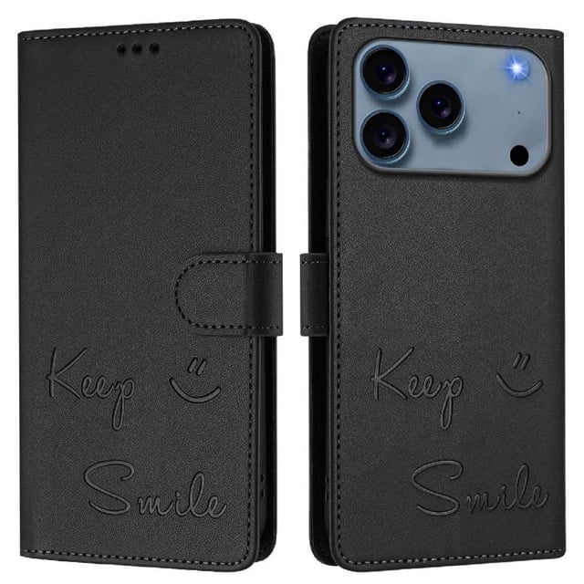 Wallet Case for iPhone 17 Pro with RFID Block, Magnetic Closure & Card Slots - Keep Smile Design Black