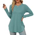 thumbnail image 2 of QYZEU Womens Clothes Solid Color Long Sleeve Shirts Fashion Fall Tops Dressy Casual Blouses Scoop Neck Side Slit Loose Tunic Tops for Leggings Sky Blue XL, 2 of 7