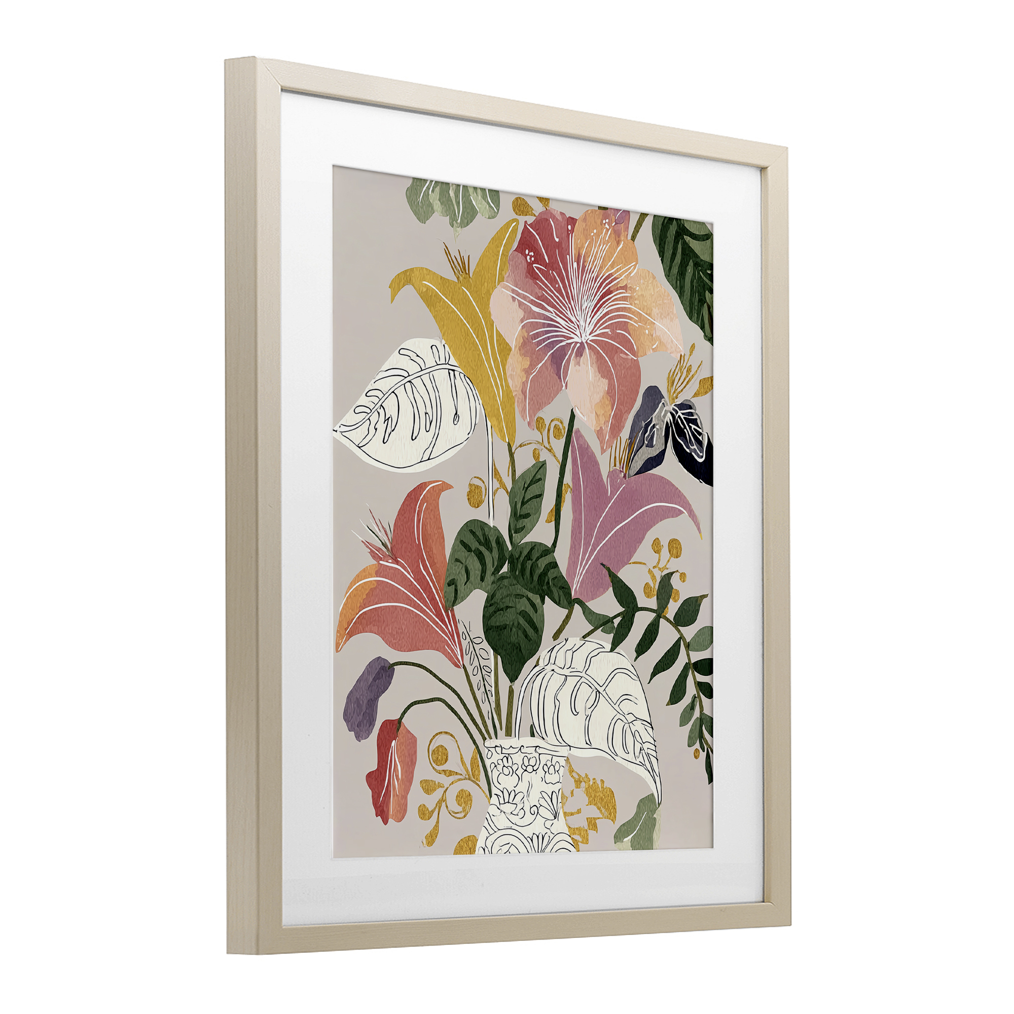 Playful Flower Bouquet Birch Framed Print Under Glass, design by Annabelle Hall