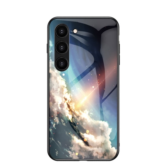 Compatible with Samsung Galaxy S23 Case,Cute Starry Sky Patterned Fashionable Tempered Glass Back with Soft Silicone Bumper Lightweight Protective Phone Case,Sparkling