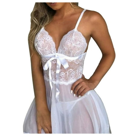 

BIZIZA Women s Chemise Lace Nightdress Mesh Plus Size Sleepwear Bow Solid Color Sexy Lingerie White XL