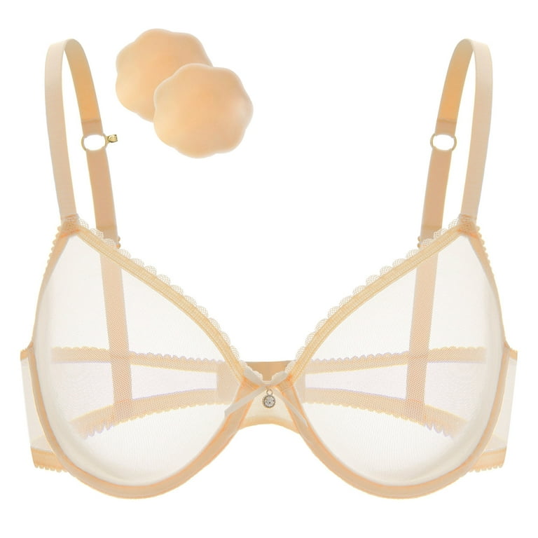 Wingslove Women's Sexy Sheer Bra Unlined Underwire Support See Through  Everyday Bra with Silicone Nipple, Nude 36DD 
