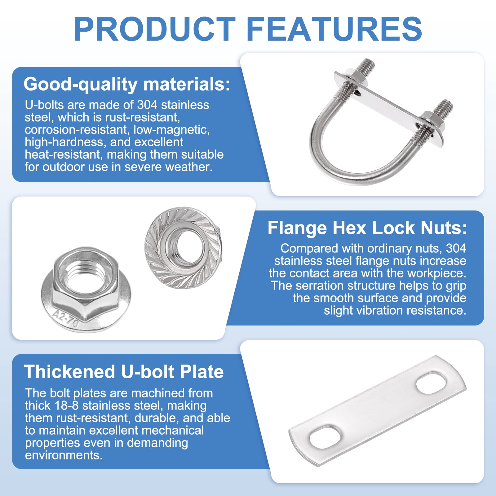 Uxcell 4 Set 1-5/8" Inner Wide Round U Bolts,  2-11/16" Length 304 Stainless Steel U-Bolts with Flange Hexagon Nuts, Frame Plates for Trailer, Automotive, (42mm W x 68.3mm L)