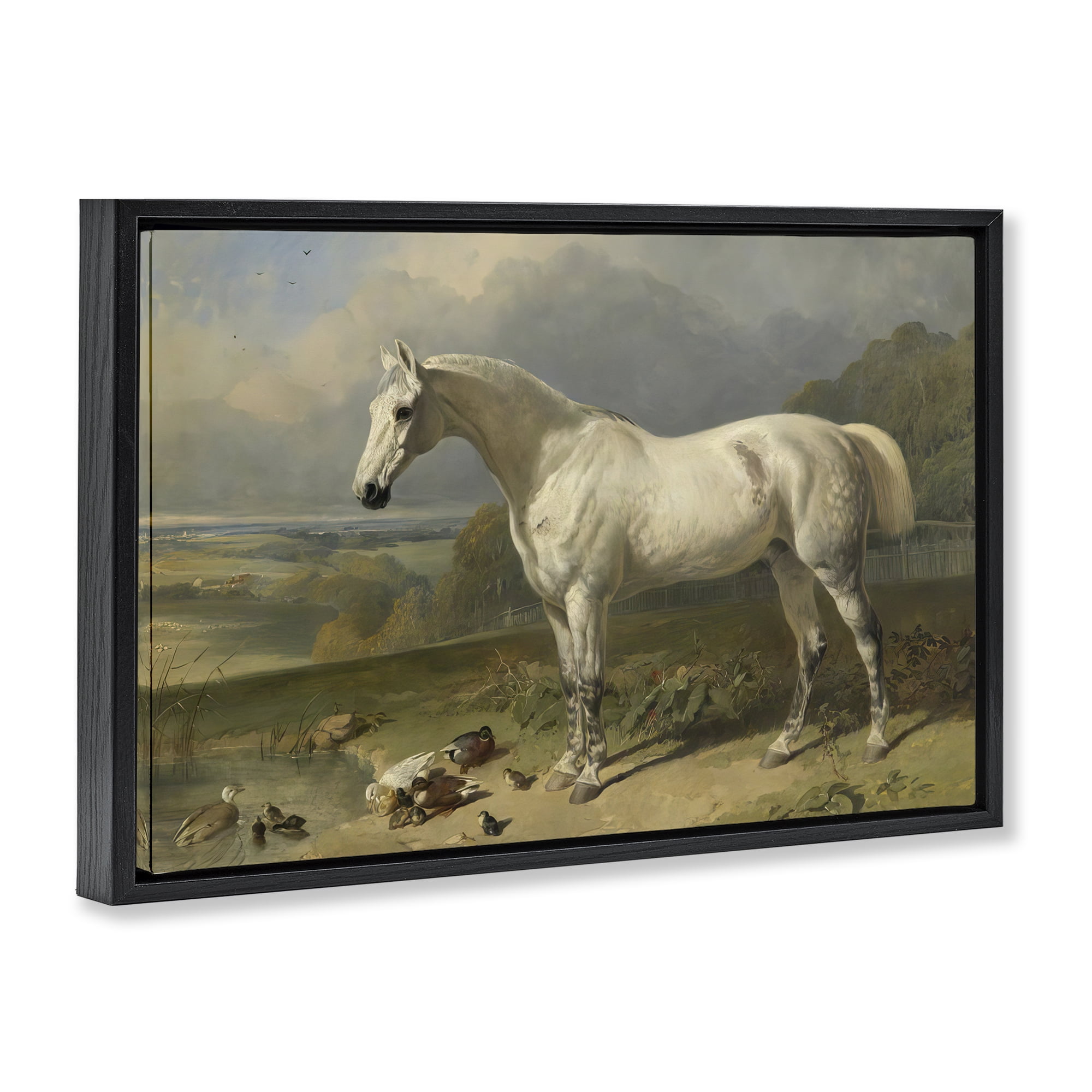 Stupell Industries Grey Horse And Ducks In Landscape Black Framed Floater Canvas Wall Art, design by Tina LeCour