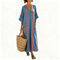 thumbnail image 4 of KHONTS Women's 3/4 Sleeve V-Neck Strip Oversize Linen Maxi Dress Plus Size Loose Long Dresses 04-Blue XXXXXL, 4 of 6