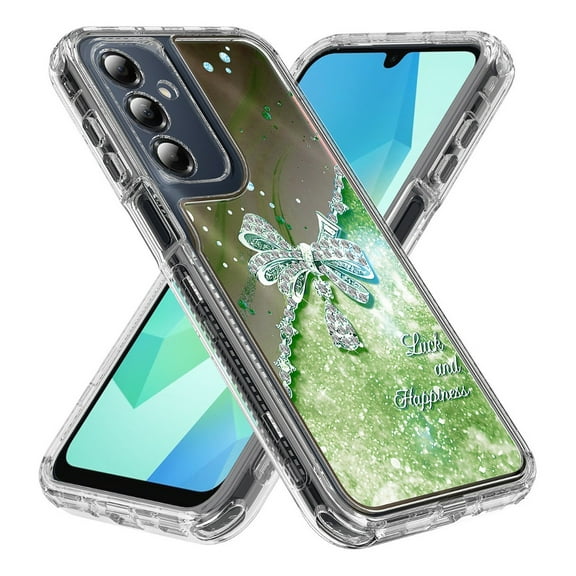 Rosebono Compatible With Samsung Galaxy A16 Sparkle Rhinestone Diamond Colorful Butterfly Graphics Design 3-Layer Hybrid Armor Cover Case (Green)