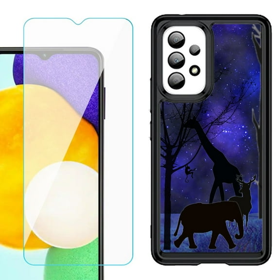 Shockproof Bumper (Black Frame) phone Case for Samsung Galaxy A23 5G, with Tempered Glass Screen Protector, by OneToughShield ® - Midnight Safari