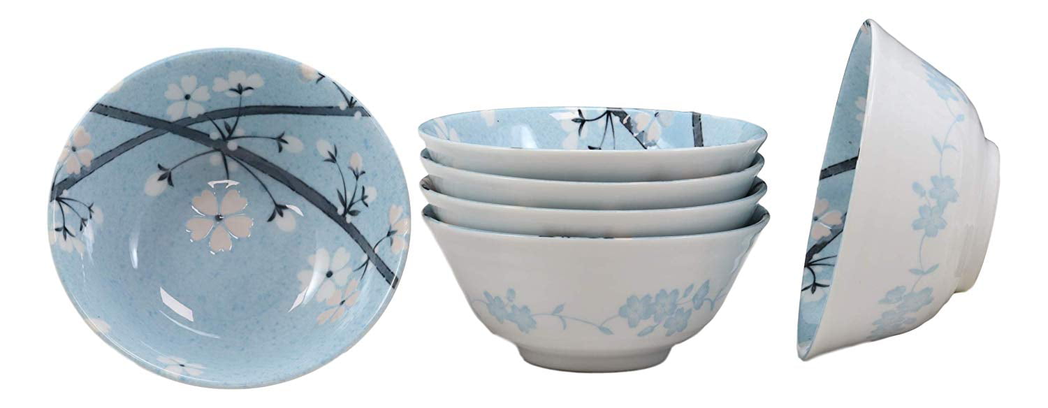 Japanese Rice Soup Bowl 4.5"D Porcelain Blue Sakura Flower Made in Japan 