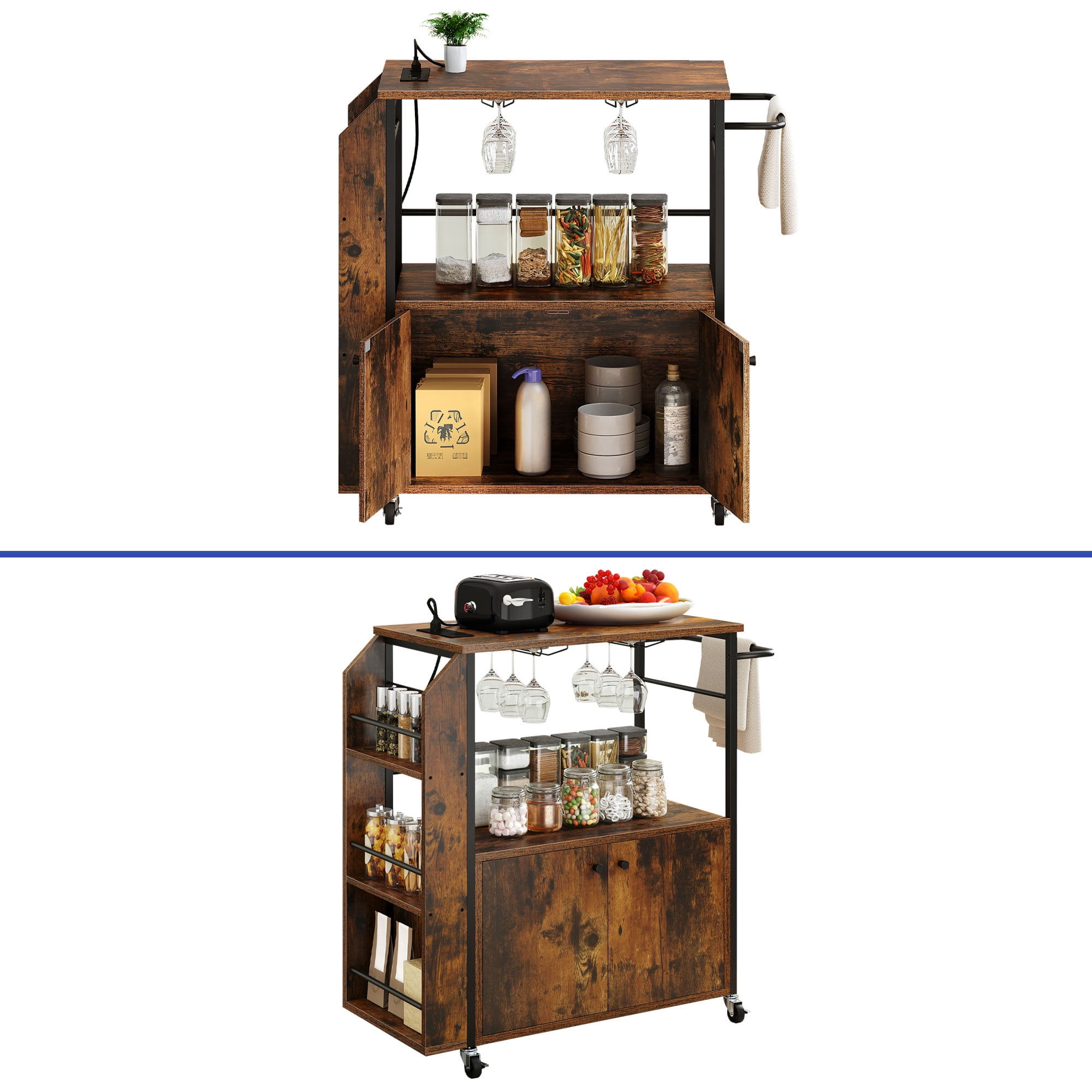 ModFusion 36" Modern Rolling Kitchen Island Cart with Power Outlet, Microwave Stand, Spice Rack, Open Shelves & Swivel Casters – Kitchen Serving & Storage Cart