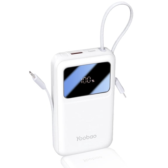 Yoobao Mini Power Bank PD20W Fast Charging with LED Display, 10000mAh USB-C in&Out Portable Charger with Built-in 2 Cables, 4 Outputs Travel Battery Pack for iPhone 16 15 Samsung iPad, White