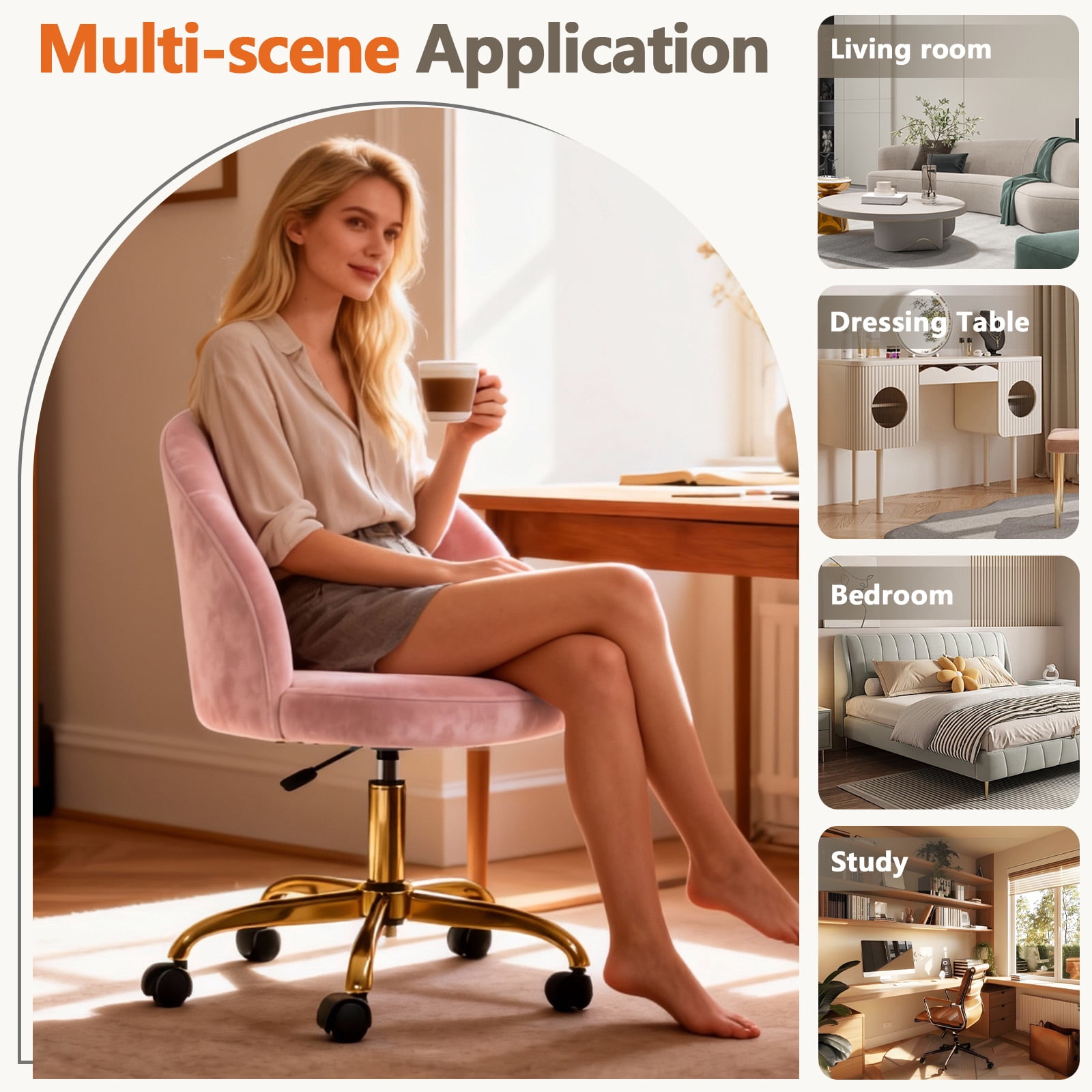Modern Velvet Small Office Chair,Cute Desk Chair With Wheels,Gold Base/Studs, Comfy Armless Swivel Vanity Task Chair For Women/Girl/Kids, Nail Tech Chair For Bedroom,Small Space,Pink