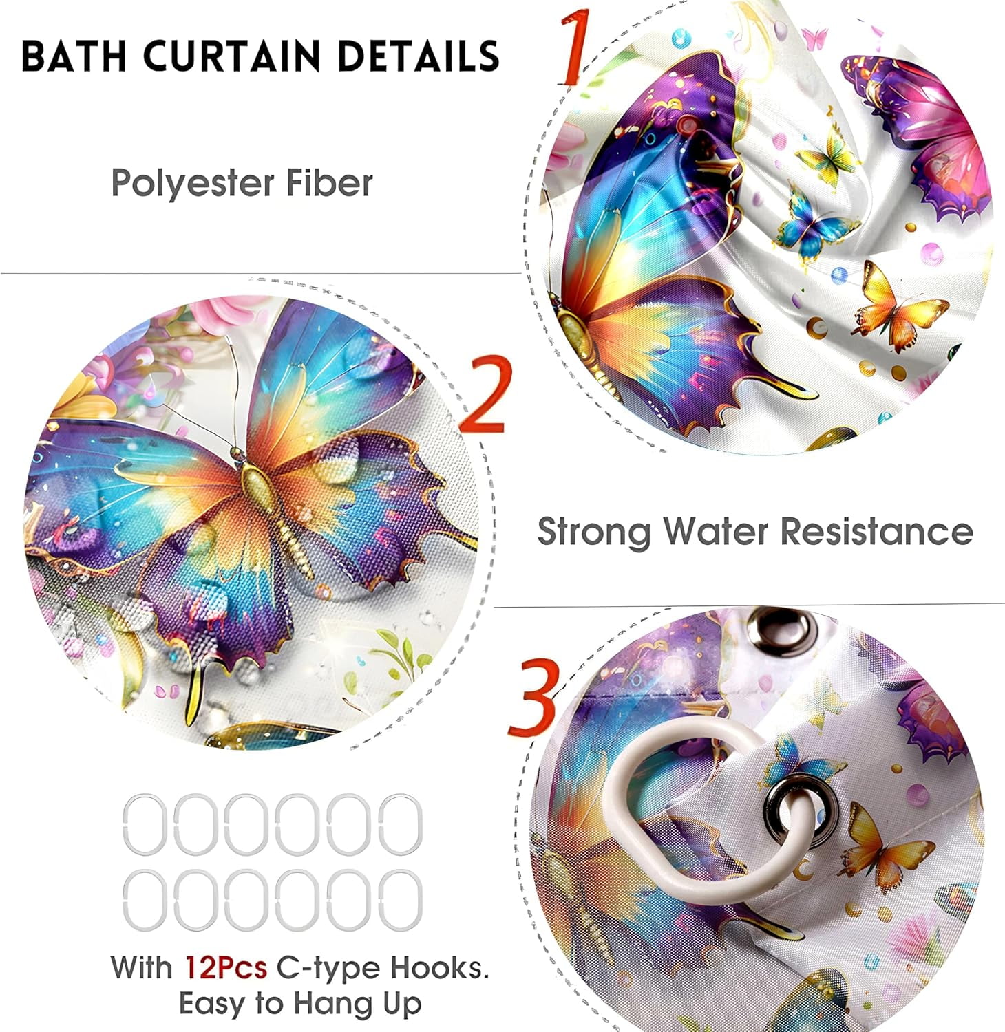 4Pcs Spring Themed Shower Curtain Set with Rugs Vintage Butterflies Bathroom Sets Floral Shower Curtain with 12 Hooks Bathroom Decor with Rugs Bath Accessories with Mats Toilet Lid Cover