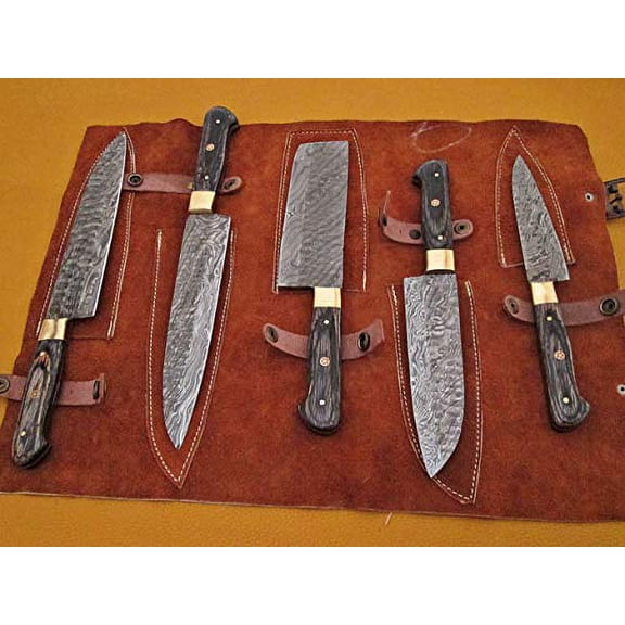 5 Pieces Damascus steel Hammered kitchen knife set, 2 tone black Dollar wood scale, 36 inches steel sharp knives, Custom made hand forged Hammered Damascus steel, Goat suede Roll Leather sheath