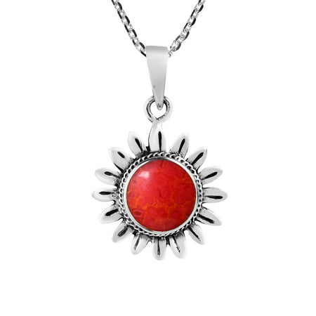 Vibrant Sunflower Red Coral Inlay .925 Sterling Silver Necklace