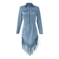 thumbnail image 4 of IWRICH Women's Western Cowgirl Suede Dress Vintage Long Sleeve Slim Fit Fringe Dress with Lapel and Zip Blue M, 4 of 4
