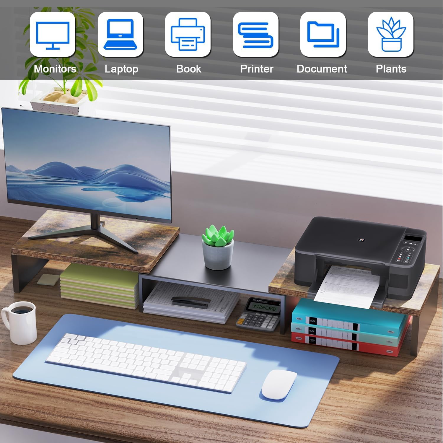 Dual Monitor Stand for Desk, Metal Computer Stand, Desk Shelf Riser,Desktop Organizer for Home and Office Use (Black)