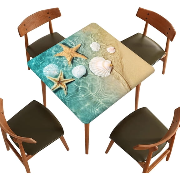 Fitted Polyester Tablecloths Square, Beach Shell Starfish Elastic Edge Home Decor Tablecloth, Stain & Wrinkle Resistant Table Cover for Garden Patio Picnic Use, Fit for 36" x 36" Square Table