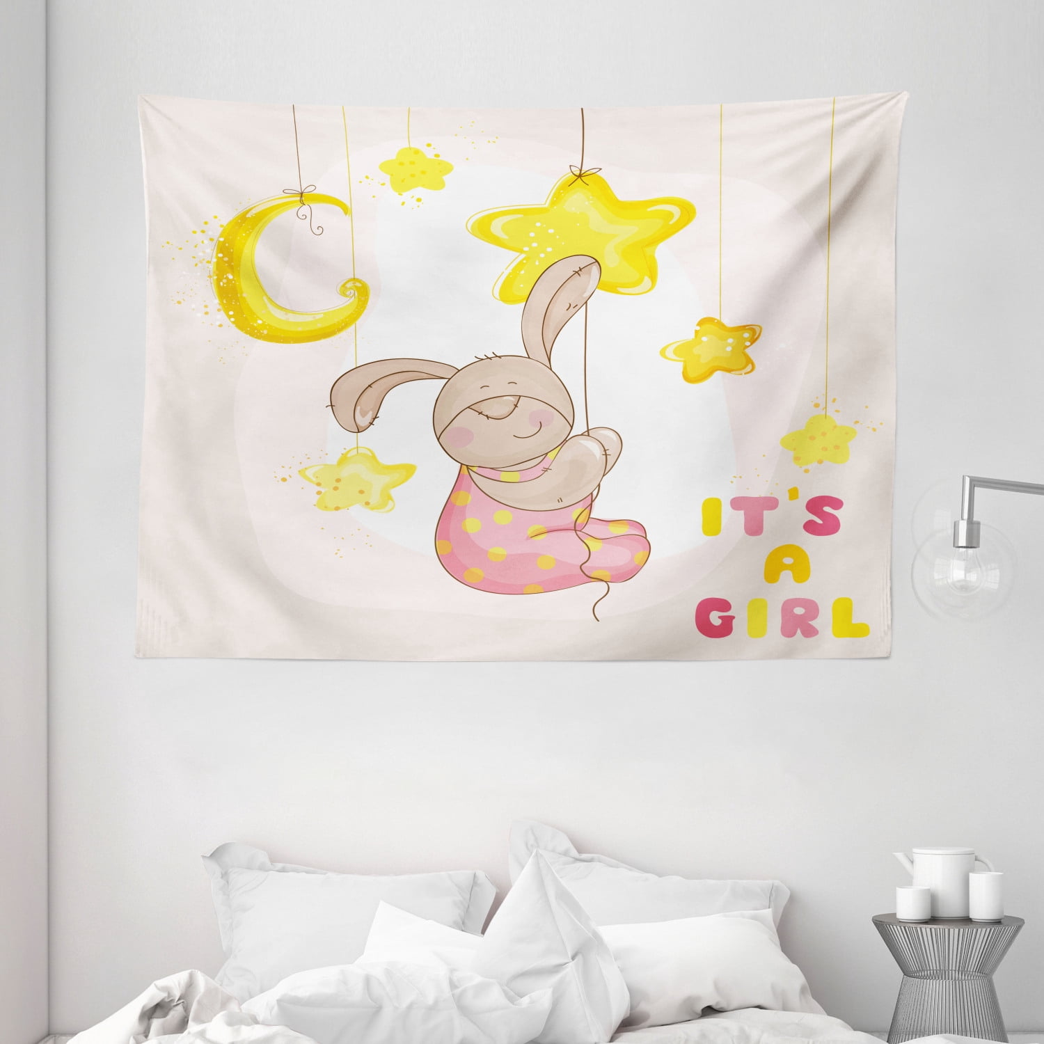 Kids Tapestry, Cartoon Like Cute Baby Bunny Hanging Stars and Moon ...