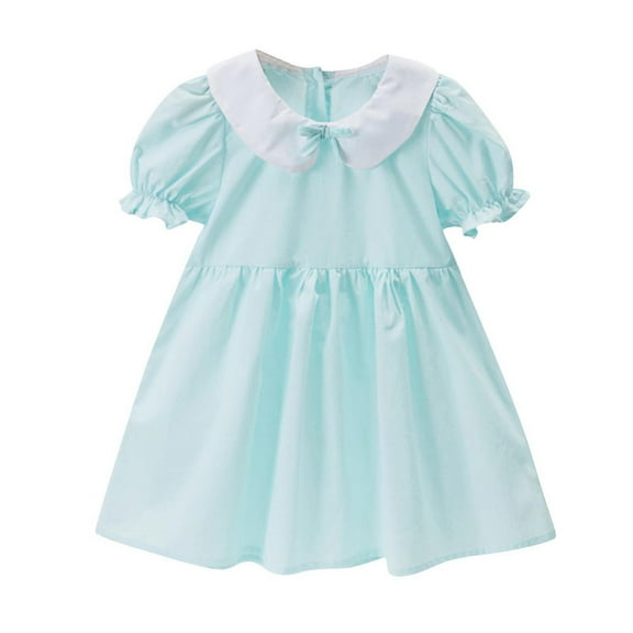 Ugoldhm Girls' Retro Sundress Crew Neck, Pleated, Short Sleeve, Solid Color Sizes 2-6 Years