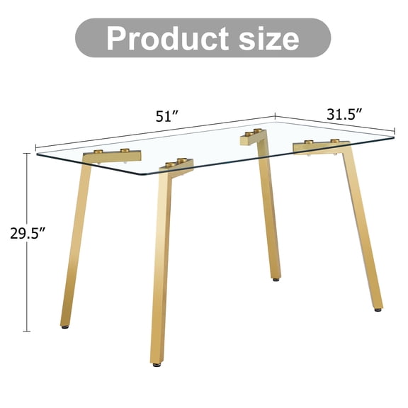 Dining Tables Modern minimalist style rectangular glass dining table with tempered glass tabletop and golden metal legs, suitable for kitchen, dining room, and living room, 51 " * 31.5 " * 29.5 " 11