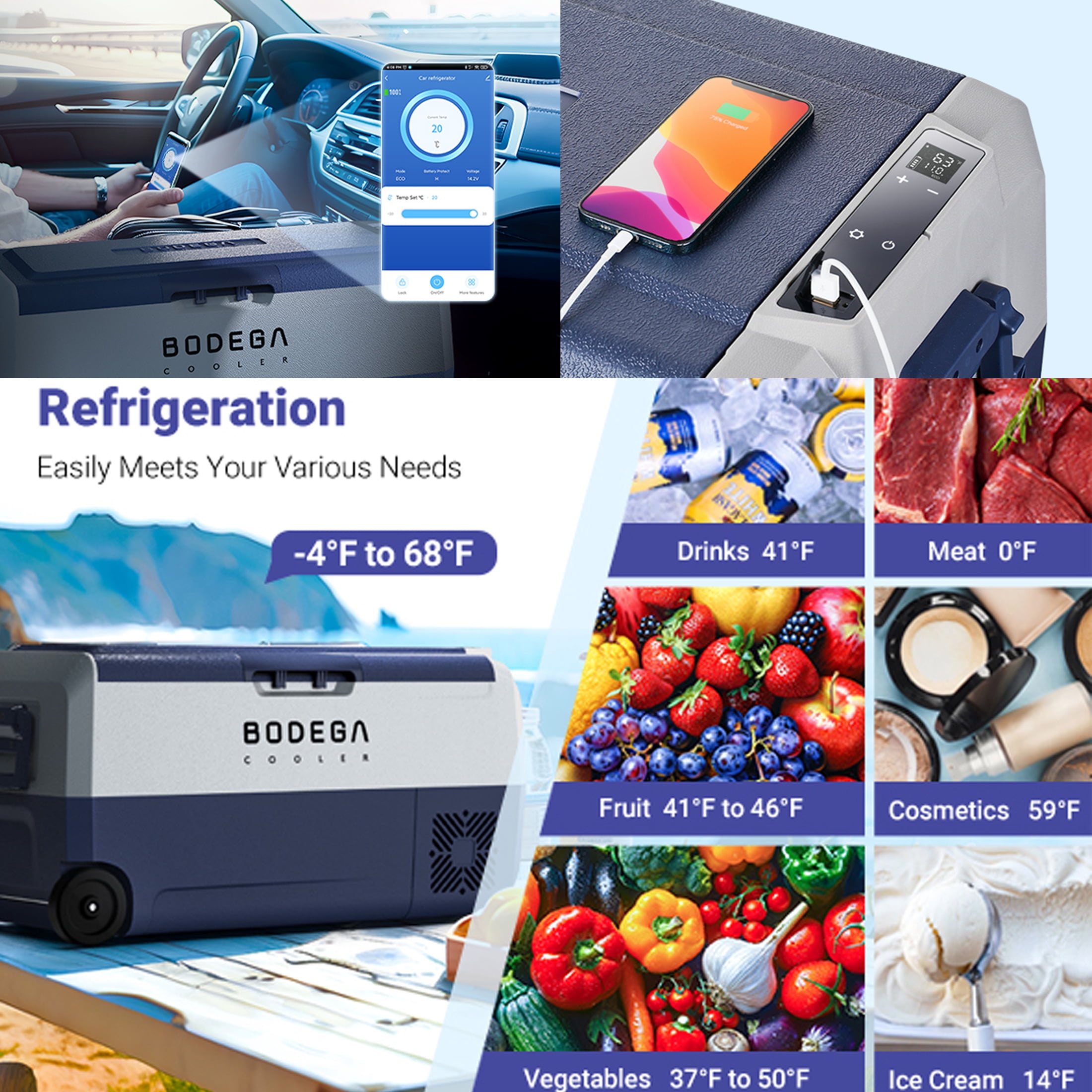 Bodega 64 Quart Car Refrigerator Single Zone Portable Freezer 12 Volt APP Control Blue for Camping Outdoor
