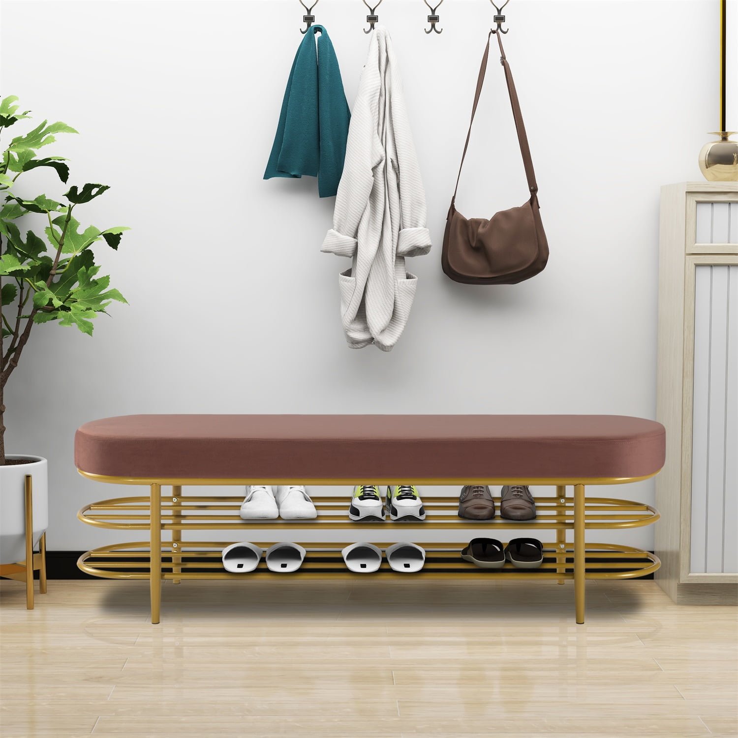 Kadyn Metal Shoe storage bench, Modern Free Standing Shoe Racks for Entryway and Hallway, Entryway Bench with Velvet Cushion, Pink Kadyn Metal Shoe storage bench, Modern Free Standing Shoe Racks for Entryway and Hallway, Entryway Bench with Velvet Cushion, Pink